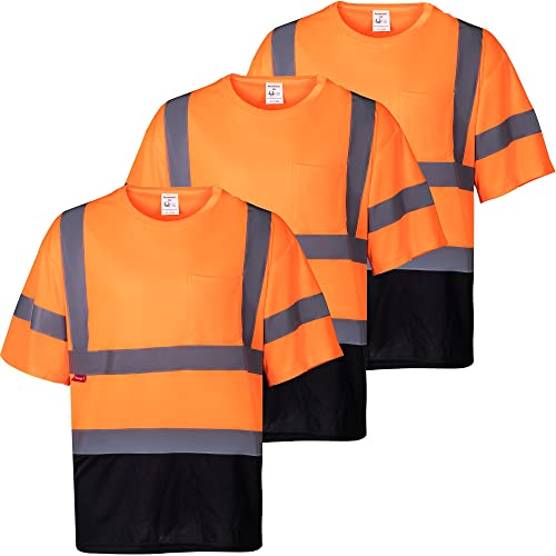 Protectx 3-Pack High Visibility Heavy-Duty Short Sleeve Safety T-Shirt With Reflective Strips, Hi Vis Shirts For Men, Type R Class2, Organe - X Large #TOP4