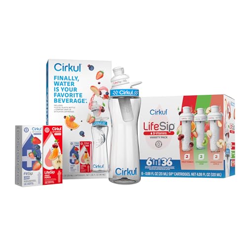 Cirkul Big Kid Bundle - 22oz. Plastic Water Bottle Starter Kit with Blue Lid, 2 Flavor Cartridges and LifeSip Flavor Cartridge Variety Pack with B vitamins, 6-Pack Zero Sugar Drink Mix