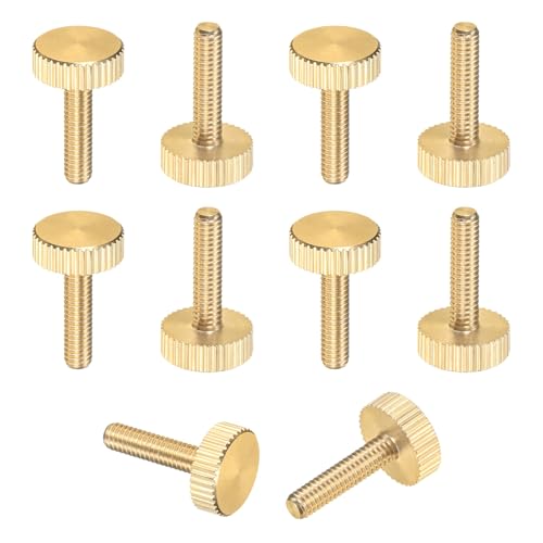 M METERXITY 10-Pack Knurled Thumb Screws, M4x16mm Solid Brass Flat Head Fully Threaded Knobs Bolts Fasteners W Grip for Electronic/Equipment/Industry/Home, Thumbscrew Threaded Knurled Tip