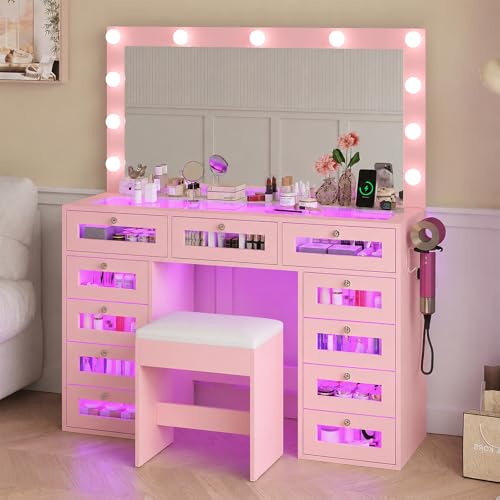 Pink Luxury Makeup Vanity with 11 Drawers & RGB Lights Large Vanity Table with Padded Stool & 11 LED Bulbs Vanity Desk with Power Station and Hair Dryer Holder for Women Girls Bedroom.