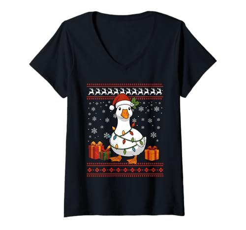 Femme Goose Pull de Noël Moche Motif oie T-Shirt avec Col en V