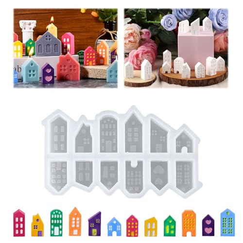Juego de moldes de silicona de 12 casas, Molde de Silicona 3D para Casa, Moldes de Siliconas Casas, Molde de silicona para Casas, Molde de fundición para Casas, para Resina, Arcilla, Vela