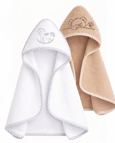 Soft Touch Newborn Essentials 100% Cotton Embroidered Hooded Baby Towel 70 x 70cm for Baby Boys and Girls 0-24 Months (2-Packs)