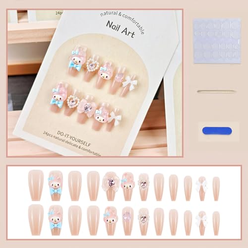 24Pcs Nude Press on Nails Medium Square Fake Nails Glossy Glue on Nails with 3D Kawaii Heart Bow Charms Design French Stick on Nails Cute False Nails Artificial Acrylic Nails for Women Girls Manicure - Image 3