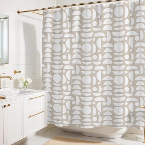 Cortina de ducha con estampado abstracto beige y blanco, patrón bohemio, decoración minimalista moderna para el hogar, cortina de ducha de tela de estilo escandinavo neutro para cualquier baño, 72 x