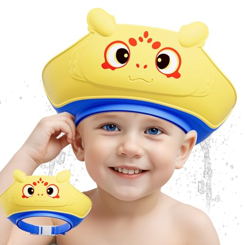 Lonlown Baby Shower Cap Shield for Kids,Toddler Bath Visor for 0-10 Years Old Baby Soft Silicone Kids Shower Cap,Adjustable Baby Shower Hat,Protector Eye Ear,Washing Hair Fun,Yellow