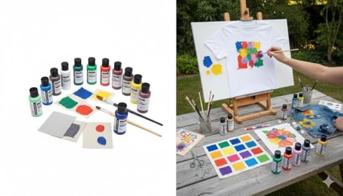 Image of Acrylic Fabric Paint Set 14 Colors with 4 Paint Brushes & Mixing Palette | Rich Pigmented Fabric Colours for Clothes, Canvas, Shoes, Wood, MDF, Ceramic, Stone, DIY Art & Craft Painting Kit (Lanpo Fabric Colours 14 Piece Set)