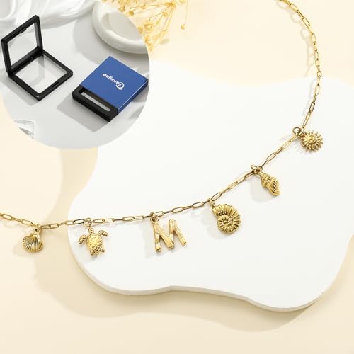 Waterproof Charm Necklace for Women 18K Gold Stainless Steel Beach Seashell Initial Pendant Cute Dainty Trendy Jewelry Gift Paperclip Chain 16+3 Inch4