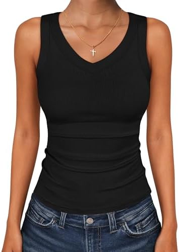 ANRABESS Tank Tops for Women V Neck Ribbed Knit Slim Fitted Sleev...
