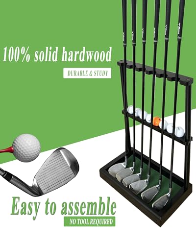 Image of Golf Club Rack Stand, Solid Wood Golf Club & Putter Display Rack, Golf Club Organizer Holds Up to 6 Clubs with Ball Storage, Floor Rack for Indoor Golf Simulator, Office or Home