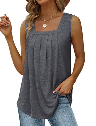 Image of Saloogoe Summer Tank Tops for Women Loose Fit Pleated Square Neck Sleeveless Tops Curved Hem Flowy