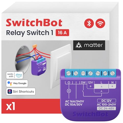 SwitchBot Smart Relay Switch 1, Modulo Relè Intelligente con Ripetitore Bluetooth Integrato, Interruptore Wi-Fi&Bluetooth Compatibile con Alexa/Apple Home/Google Home/Matter(Hub Necessario),2.4GHz,16A