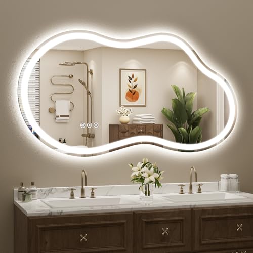 Image of 48x26 Irregular LED Bathroom Mirror with Lights, Backlit + Front Lit, Anit-Fog, Dimmable, Asymmetrical Cloud Lighted Bathroom Vanity Mirrors for Wall, 3-Color Light, Memory, HD Tempered Glass