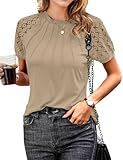 AURUZA Work Shirts for Women Business Casual Blouses Pleated Lace Short Sleeve Tops Dressy Casual Outfits Summer Tshirts Khaki