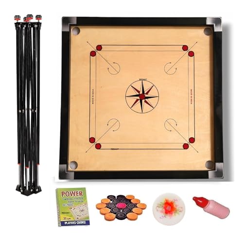 Image of WRF Superior Matte Finish Practice Carrom Board for Serious Professional Practice with Coins Striker and Powder Black New(32inch Carrom with Stand KA-25)