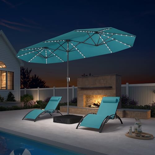 Image of PURPLE LEAF Patio Umbrella 13ft with Base and Solar Lights, Turquoise Blue