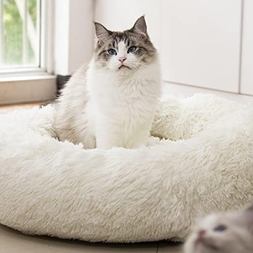 Raimaiso Anti Anxiety Round Fluffy Plush Faux Fur Warm Washable Dog Bed & Cat Bed, Original Bed for Small Medium Large Pets,Used to Relieve Joints and Improve Sleep（20"/24"/27''） (20", White)