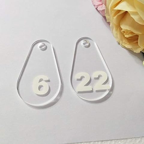 YongPan Clear Water-Drop Shape Acrylic Numbered Key Fobs, Plexigalss Key Tags with Number Printing for Hotel, Home, Locker Room, Club, School (Clear&white, 1-20) Cover