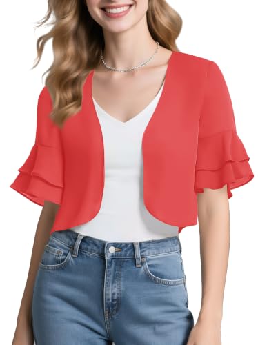 Image of Urban CoCo Women's Sheer Chiffon Bolero Shrug Ruffle Short Sleeve Open Front Cropped Cardigan for Dresses