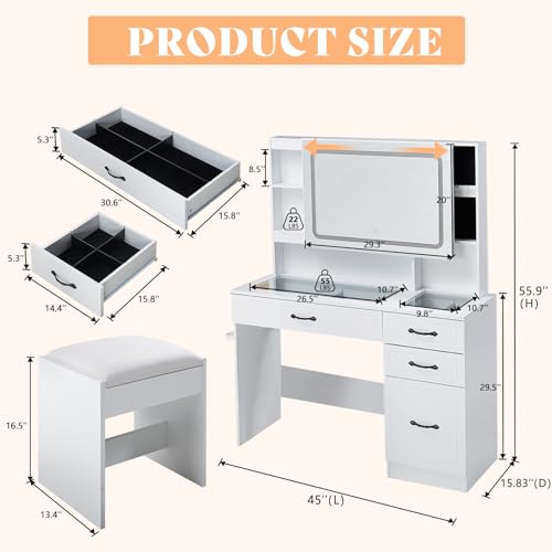 image for VanAcc Makeup Vanity Desk with Sliding & LED Lighted Mirror, 45