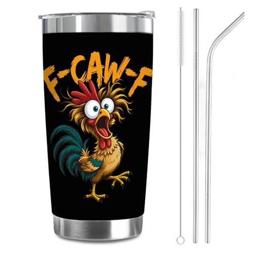 F-Caw-F Funny Chicken Insulated Coffee Cup 20oz Stainless Steel F Caw F Cup Travel Mug Double-sided Printed Insulated Tumbler with Straws Brushes and Lid Funny Gifts Meme Rooster Thermal Fcawf Cup