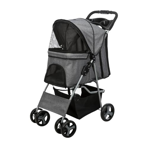 Trixie Hunde-Buggy – Transportlösung für Hunde – schnell faltbar – gefederte 360°-Fronträder – grau – 47 × 100 × 80 cm
