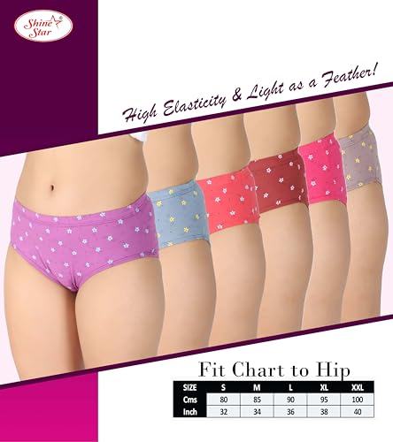 Image of SHINE STAR Women's Pack of 6 Full Coverage Hipster Panty 100% Super Combed Cotton Fabric with Inner Elastic Waistband Multicolour