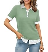 Disamer Womens Summer Tops Spring Fashion 2026 Short Sleeve Shirts Patchwork Button V Neck Tunic ...