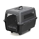 SportPet Airline Approved Wire Door Travel Dog Crate, Durable Plastic Pet Travel Kennel with Removable Wheels,Collapsible, Food Bowls & Accessories, Fits Dogs up to 24" L & 16" H - Medium -Gray/Black
