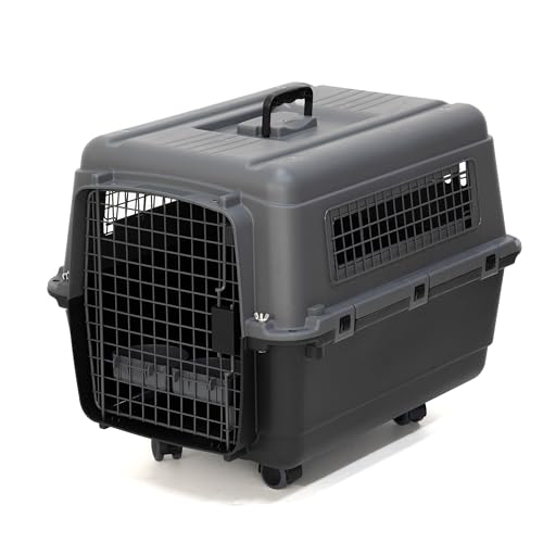 SportPet Airline Approved Wire Door Travel Dog Crate, Durable Plastic Pet Travel Kennel with Removable Wheels,Collapsible, Food Bowls & Accessories, Fits Dogs up to 24' L & 16' H - Medium -Gray/Black