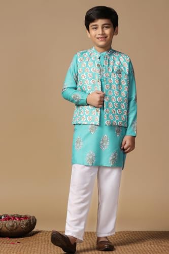 Image of Fashion Dream Boy's Cotton Blend Printed Kurta Pyjama And Jacket Set|Kurta And Payjama Set