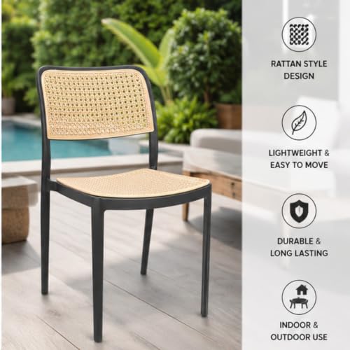 Image of NARSA Modern Rattan Style Dining Chair for Home & Cafe | Cane Pattern Plastic Chair with Ergonomic Backrest | Lightweight & Durable Indoor Outdoor Seating Chair (Black, Armless, Set of 2)