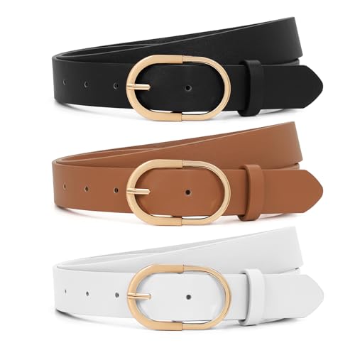Image of XZQTIVE 3 Pack Women's Leather Belt for Jeans Pants Ladies Fashion Leather Belt for Dresses Shiny Golden Buckle Waist Belt, S