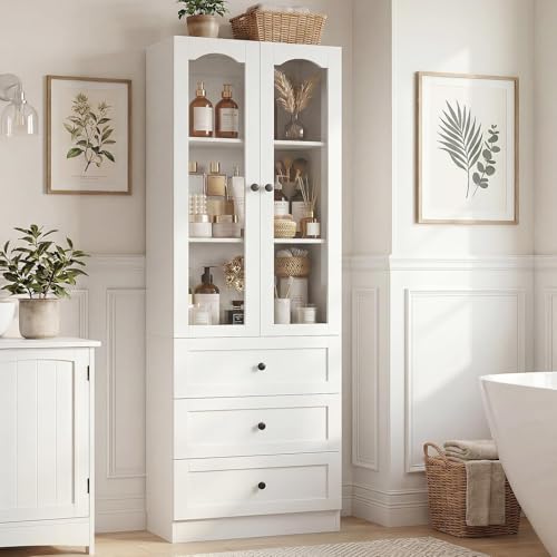Image of Cyclysio 80 inch Tall Pantry Cabinet for Kitchen Storage, 2 Set White Pantry Cabinet with Glass Doors & 3 Drawers - Freestanding Storage Bookcase with Built-in Baseboard Notch for Dining, Living Room