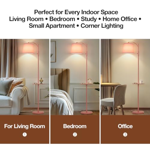 Image of AIDENOEY Fully Dimmable Floor Lamp for Living Room，Standing Lamp Rotary Switch with Table&Linen Beige Shade，Pink Tall Lamps for Bedroom with Adjust Head，9W LED Bulb Included