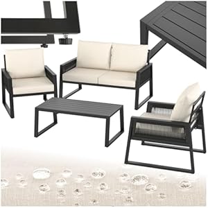 tectake® Rope Design Lounge Möbel Set für Garten oder Balkon, Outdoor Sitzgruppe Terrassenmöbel mit 2X Sessel, 1x Sofa, 1x Tisch in Holz Optik, inkl. Gartenmöbel-Kissen, wetterfest