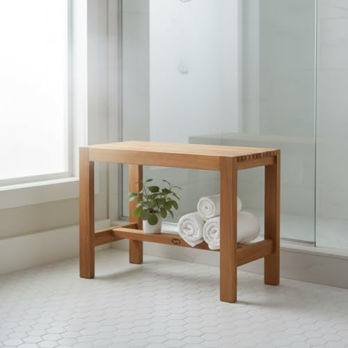 Image of Wooden Shower Bench, Natural Teak, Slatted Top Design, Bathroom Stool with Storage Shelf