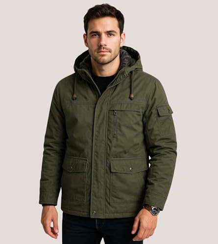 Image of L'MONTE Men's Imported Heavy-Duty Winter Jacket - 100% Cotton Coat with Fleece Lining, Detachable Hood & Multiple Pockets - Windproof, Warm, Stylish for Outdoor & Casual Winter Wear