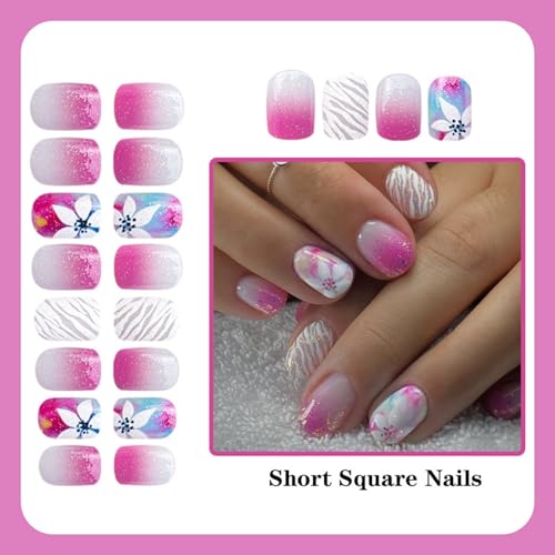 Image of Pink Ombre Press on Nails Glitter Fake Nails Flower Nail Press ons with Stripe Design Glossy Full Cover Short Square Stick on Nail for Women Manicure 24Pcs