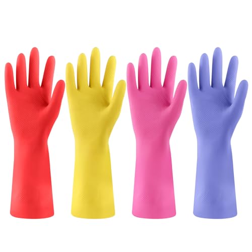 FCTTD Rubber Kitchen Dishwashing Gloves - 4 Pairs Colorful Reusable Cleaning Gloves for Kitchen Washing Dishes and Household Cleaning(Small Blue+Pink+Yellow+Red)
