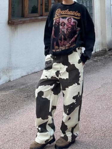 heyheyshine Cow Print Pants for Men Women Casual Wide Leg Denim Y2K Jogger Pants Streetwear Baggy Trouser with Pockets3