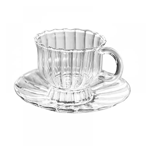 Sizikato Pumpkin Stripe Clear Glass Saucer Set, 7oz Black Tea Cup Coffee Mug