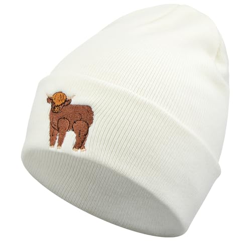Sintege Highland Cow Beanie Hat Highland Cow Gifts Women Embroidered Winter Unisex Thermal Hat for Animal Gift for Christmas Birthday Party Cold Weather(White,Classic Style)