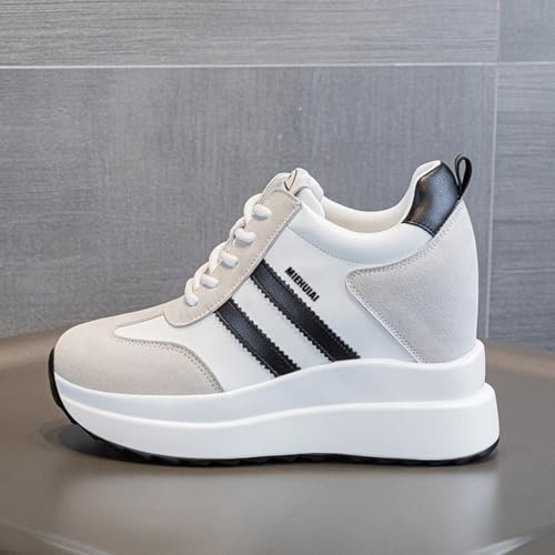 Image of Platform Sneakers for Women High Hidden Heel Wedge Sneakers Fashion Leather Chunky Lace up Wedge Tennis Shoes Increasing 3.94 inch