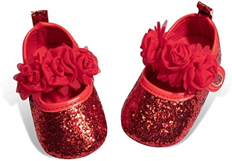KIDSUN Infant Baby Girls Mary Jane Shoes Soft Sole Ballet Slippers Bow Princess Newborn Dress Wedding Flat Shoes (3-6 Months Infant, A/Flower/sequins red, 3_months)