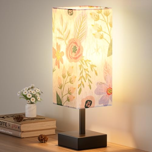 Image of aooshine Small Bedside Table Lamp for Bedroom - Square Floral Fabric Shade | Inline Rocker Switch, Corded Electric, Bulb Not Included, 12.8 inch Mini Table Lamp for Nightstand, Desk, Dorm, Office