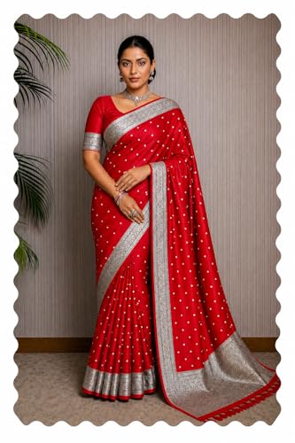 Image of Women's Glory Kanjivaram Banarasi Silk Saree with Polka Dot Embroidery Blend Woven Zari with Jacquard Woven Unstitched Blouse Piece.