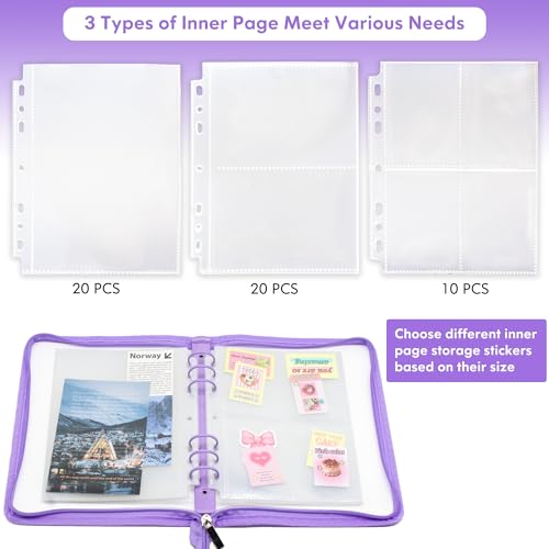Image of A5 Sticker Storage Binder with Zipper Closure, Reusable Sticker Organizer Album with Pockets, Perfect for Collecting, Organizing, and Displaying Stickers (Purple)