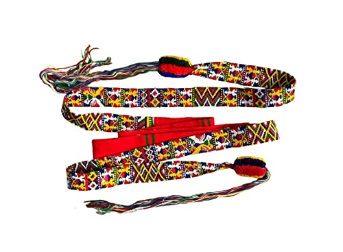 Zunil Cinta with Pom Poms, Vintage Traditional Guatemalan Weaving, Handmade, Vintage Folk Art Colors, Long Belt, Hand Woven
