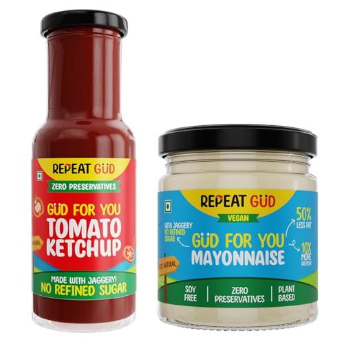 Image of REPEAT GUD Healthy Sauces (Tomato Ketchup, Mayonnaise) | No Refined Sugar, Made With Jaggery | No preservatives | GUD For Kids | 100% Natural Ingredients & Chemical free (Pack of 2)